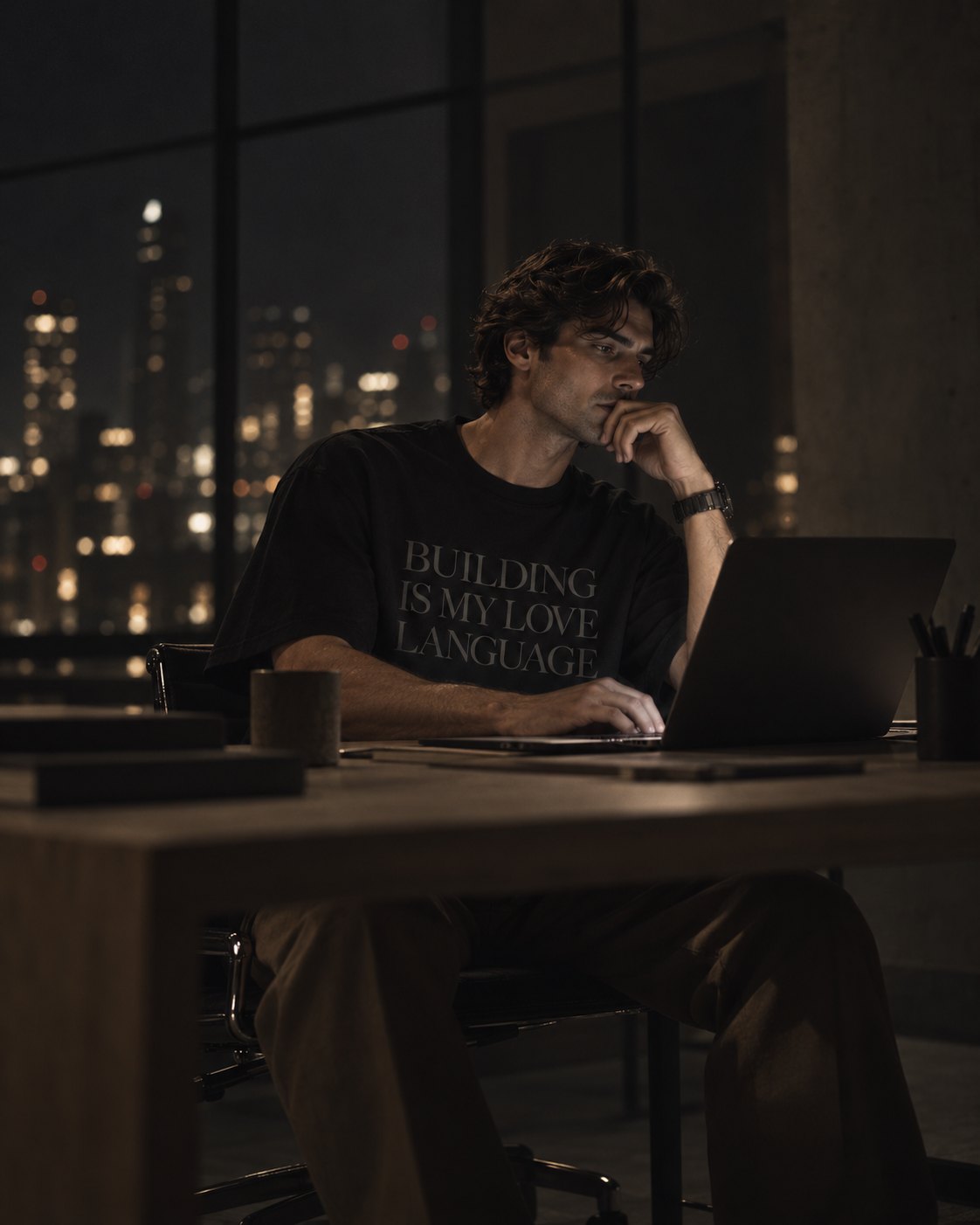 Founder working late at a desk wearing the tee, city lights behind